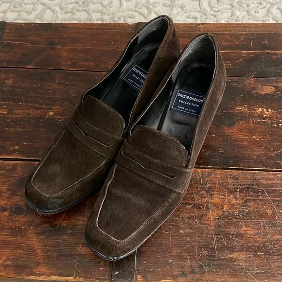 Andre Assous Brown Suede Heeled Penny Loafers Size 9.5 - Picture 1 of 8